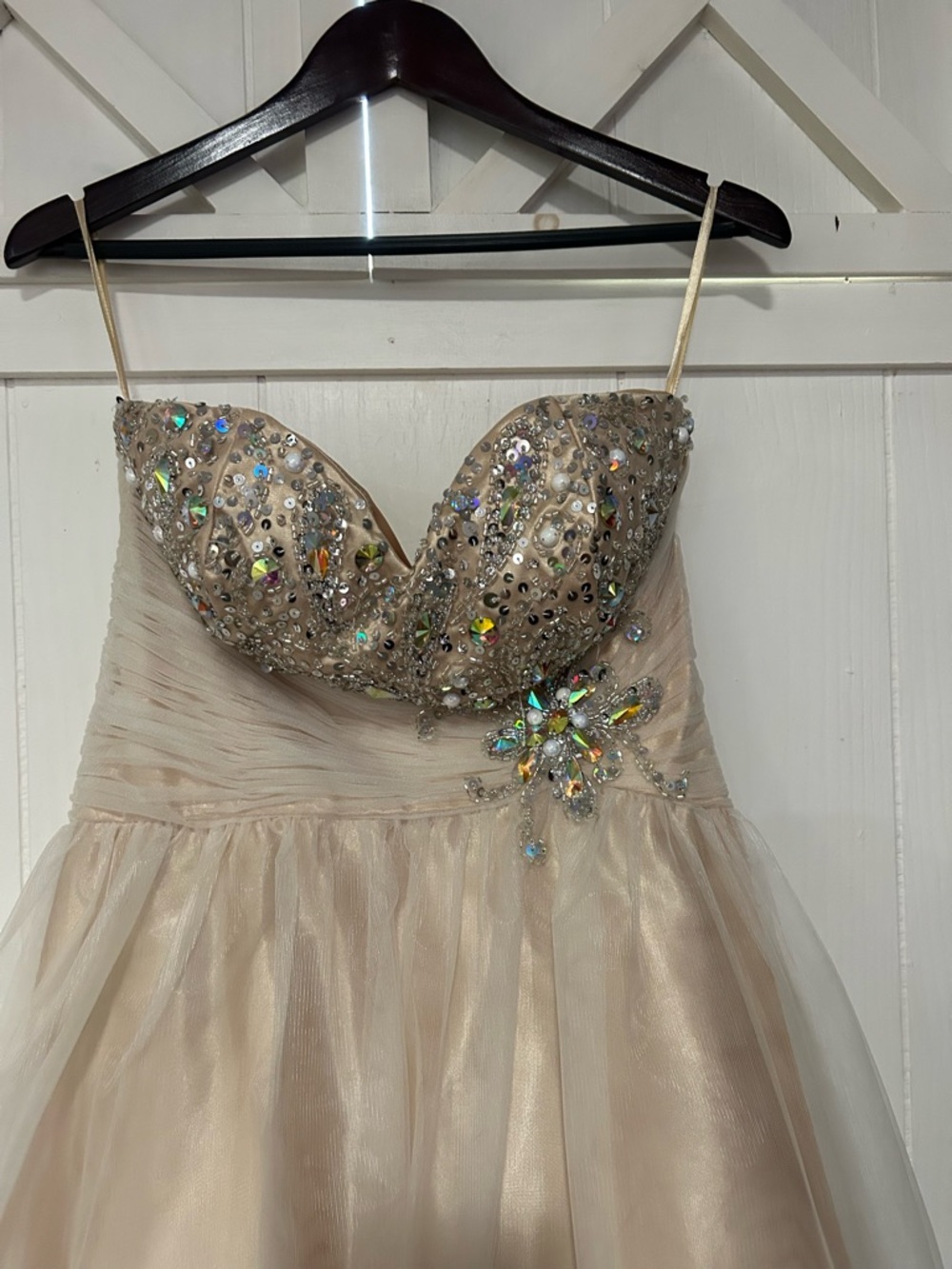 Strapless Champagne Sequin Tulle Dress with Crystal Accents